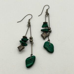 Vintage Bohemian Malachite Dangle Earrings Silver-Tone Natural Stone Chips
